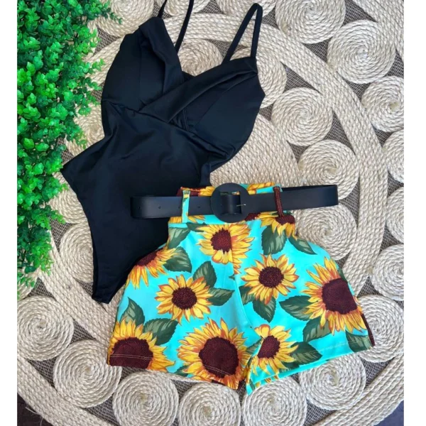 Conjuntos Feminino Shorts com Cinto e Blusas Modelo Cropped Modinha Blogueira Festa na Malha Suplex - Imagem 5