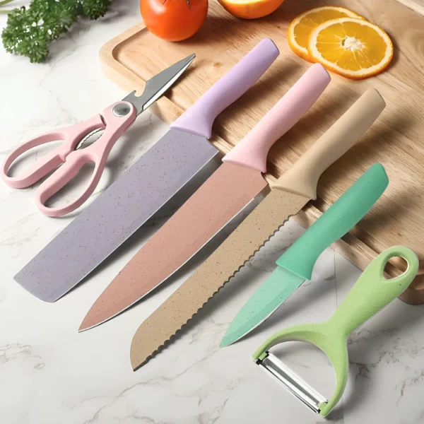 Kit 6 Peças Conjunto de Faca Churrasco Carne Legumes Descascador Tesoura Profissional - Imagem 3